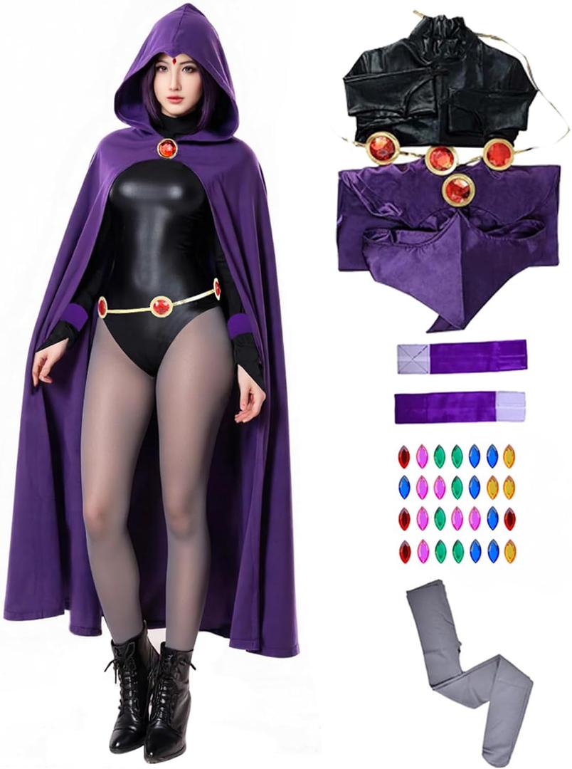 6PCS Raven Cosplay Costume Women's Halloween Raven Cosplay with Cape Belt Jumpsuit Tights Purple Uniform Suit (X-Large)