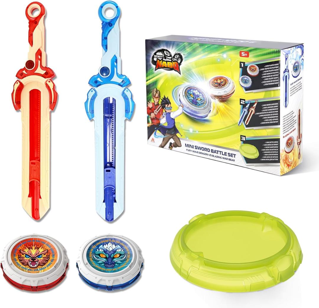 INFINITY NADO Battle top Set wth Arena, 2 mini Sword Launchers for Beginners, 2 Spinning Tops Game Toys, Attack Battle Set Starter Pack for Kids Boys Girls 5+