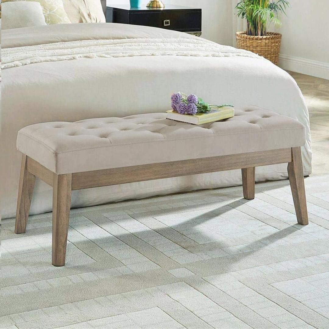 24KF Velvet Upholstered Buttons Tufted Entryway Bench with Solid Wood Leg,Bed Bench Ottoman with Padded Seat,5034-Taupe (15.5"D x 43"W x 17"H, Light Taupe)