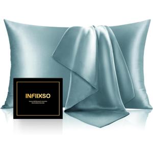 INFIIXSO Mulberry Silk Pillowcase for Hair and Skin, Silk Pillow Cases Queen Size Set of 2 with Hidden Zipper 20x30 Inches, Smooth and Soft Cooling Pillow Cases for Hot Sleepers(Haze Blue, 2 Pack)