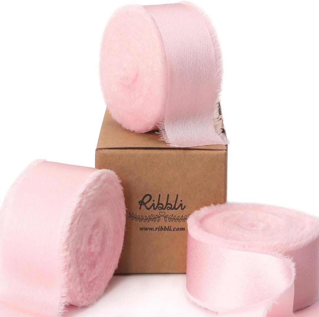 Ribbli Light Pink Silk Satin Ribbon 1 Inch x 30 Yard Handmade Frayed Chiffon Pink Ribbon for Gift Wrapping Wedding Invitations Bridal Bouquets Home Decor