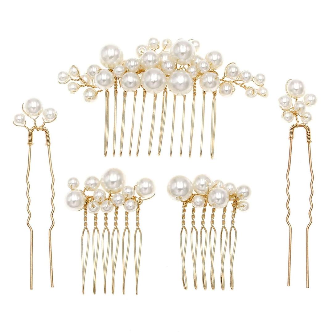 Pearl Hair Combs and Hair Pins for Bridal Women, Decorative Hair Accessories for Wedding Prom, Set of 5 (Gold)