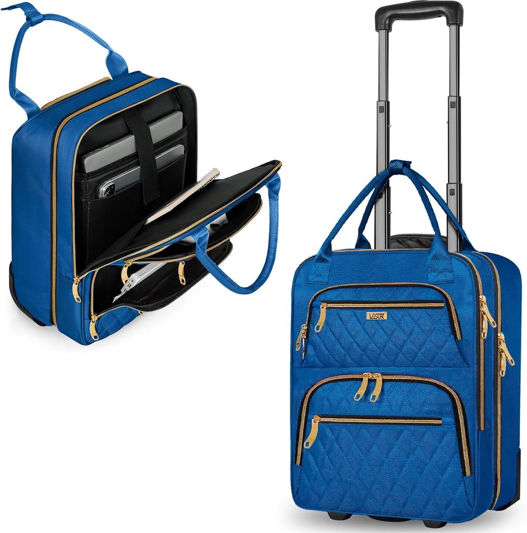 Underseat Carry On Luggage with Wheels, Stylish Lightweight Under Seat Luggage, Personal Item Suitcase with telescoping handles for Men Women, Pilots and Crew, Blue, One Size