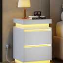 WLIVE White Nightstand with Charging Station and LED Lights, Bedside Table with 2 Wooden Drawers and Sliding Top, Modern End Table Side Table for Bedroom, Living Room, Office