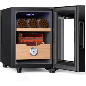 KingChii 16L Electric Cigar Humidors, Temperature Control Cabinet with Spanish Cedar Wood Shelves & Drawer Hygrometer Gifts for Men (100 Counts Capacity)