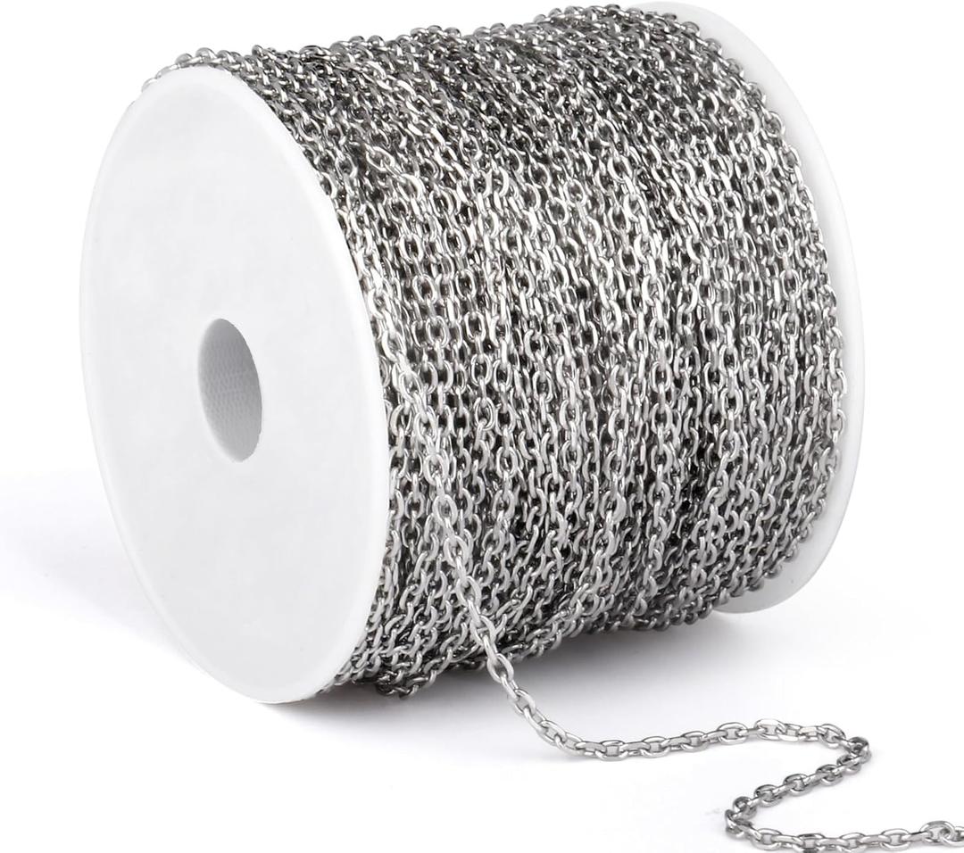 66 Feet Stainless Steel Rolo Cable Chain Bulk, 1.5mm 304 Stainless Steel Diamond-Cut Oval Rolo Cable Link Chains Roll Spool for Jewelry Making