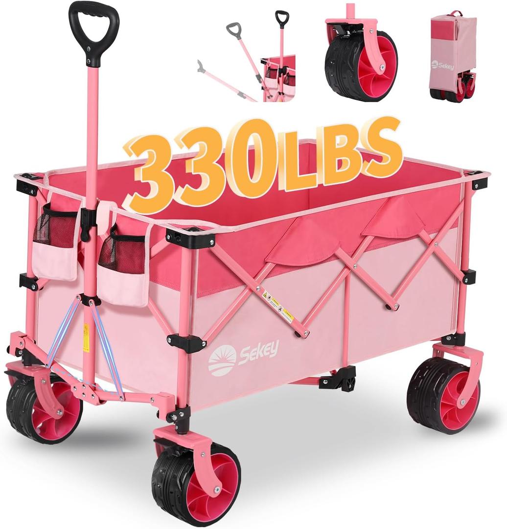 Sekey 220L Collapsible Foldable Wagon with 330lbs Weight Capacity, Heavy Duty Folding Utility Garden Cart with Big All-Terrain Beach Wheels & Drink Holders.Pink