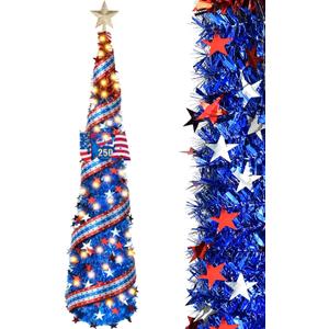 4th of July Decorations Pop Up Tinsel Tree 5FT, Patriotic Pencil Tree with 50 LED Battery Operated Lights & Timer, Collapsible Independence Day Tree with Star Topper & USA 250th Anniversary Sign, Blue
