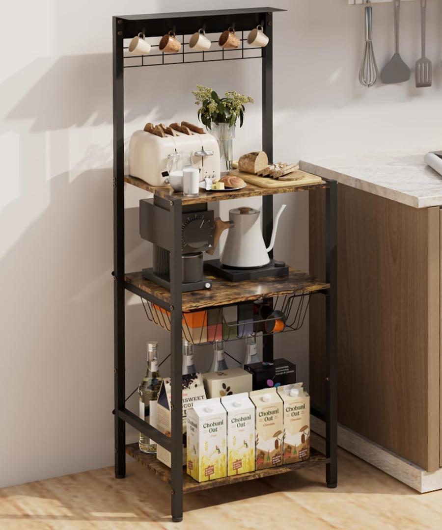 4 Tier Coffee Bar Station, Corner Bakers Rack with 5 Hooks & Wire Basket, Coffee Maker Stand for Small Space, Kitchen Storage Shelf for Entryway, Living Room, Caf, Black, 16.5"x13"x47.8"