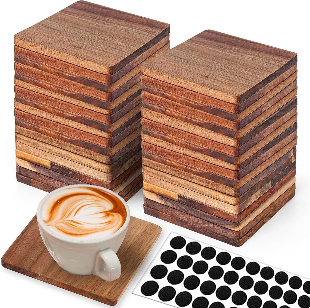 36 Pieces Unfinished Wood Coasters, 4 Inch Square Acacia Wooden Coasters for Crafts with Non-Slip Silicon Dots for DIY Stained Painting Wood Engraving Home Decoration