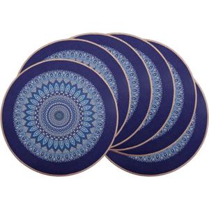 PIGCHCY Round Boho Placemats Set of 6, Rubber Heat Resistant Table Mats, Waterproof Washable Placemat for Dining Table Decoration (Deep Blue)
