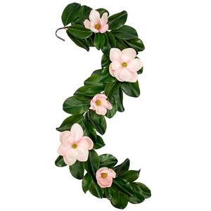 Arborus Artificial Magnolia Garland 5FT – Real Touch Flowers & Greenery Vine for Wedding Arch, Mantel, Table, Indoor Decor – Faux Magnolia Leaf Garland (Pink Flowers)