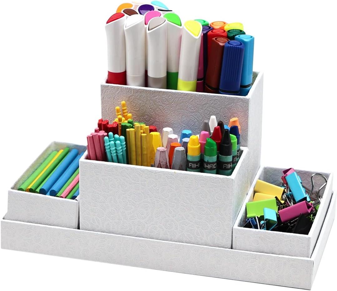 Desk Organizer,Office Desk Accessories,Paperboard Desktop Organizer with Pen Pencil Holder and Sticky Note Tray,Paperclip Storage, White (4)