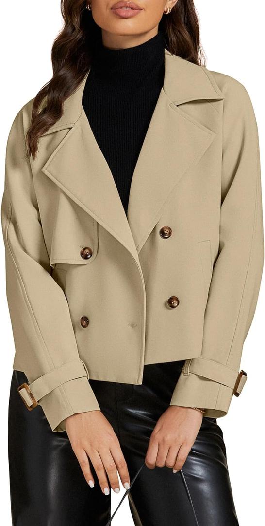 luvamia Cropped Trench Coat for Women Long Sleeve Double Breasted Notched Lapel Casual Loose Fit Jackets with Pockets (XX-Large, Khaki)