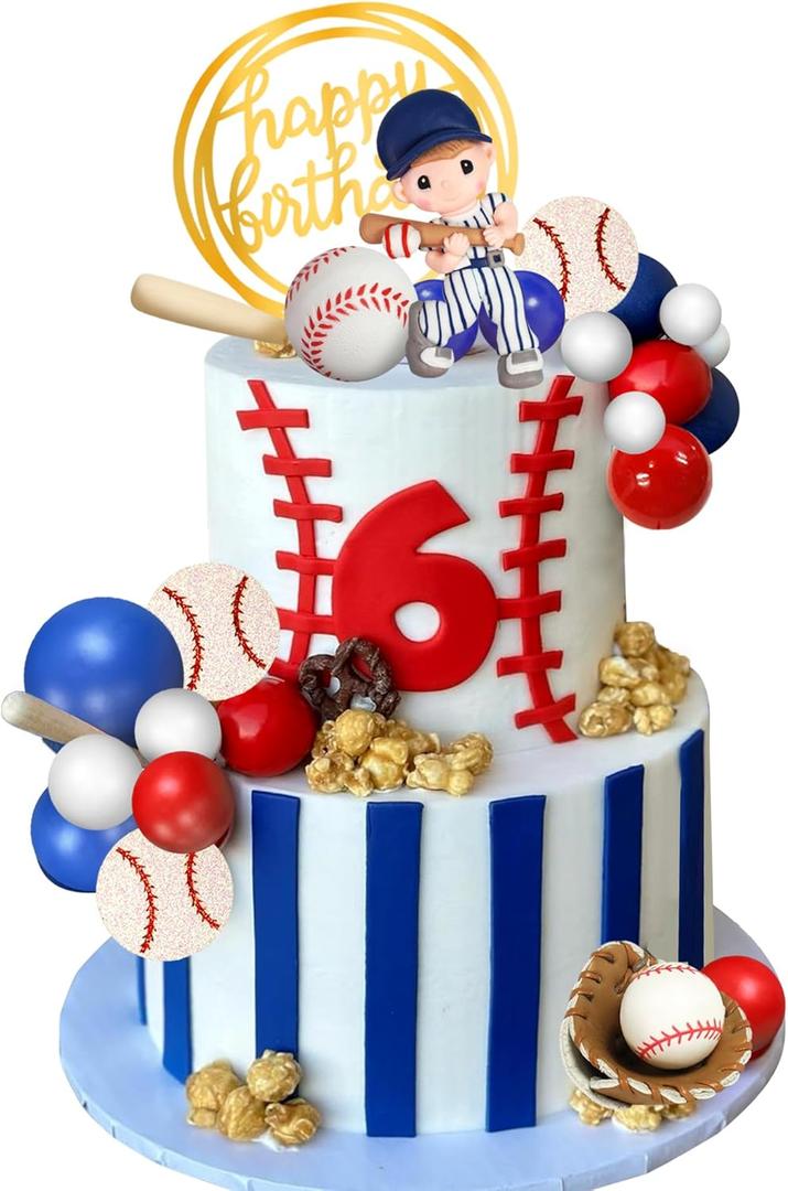 Baseball Cake Toppers Sports Cake Decorations with Red Blue White Ball for Sport Theme Birthday Supplies (Baseball)