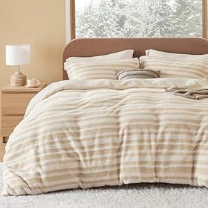 Bedsure Fluffy Queen Comforter Set - Ultra Soft Plush Shaggy Plush Fleece Stripe Bed Set Queen Size, Warm Flannel Fleece Bedding for Winter, 1 Beige Comforter (90"x90") and 2 Pillowcases (20"x26")