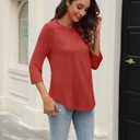 Womens Tops 3/4 Length Sleeve Round Neck Casual Loose Fit Tunic Tops Basic Pleated Shirts 2025 (Large, Red)