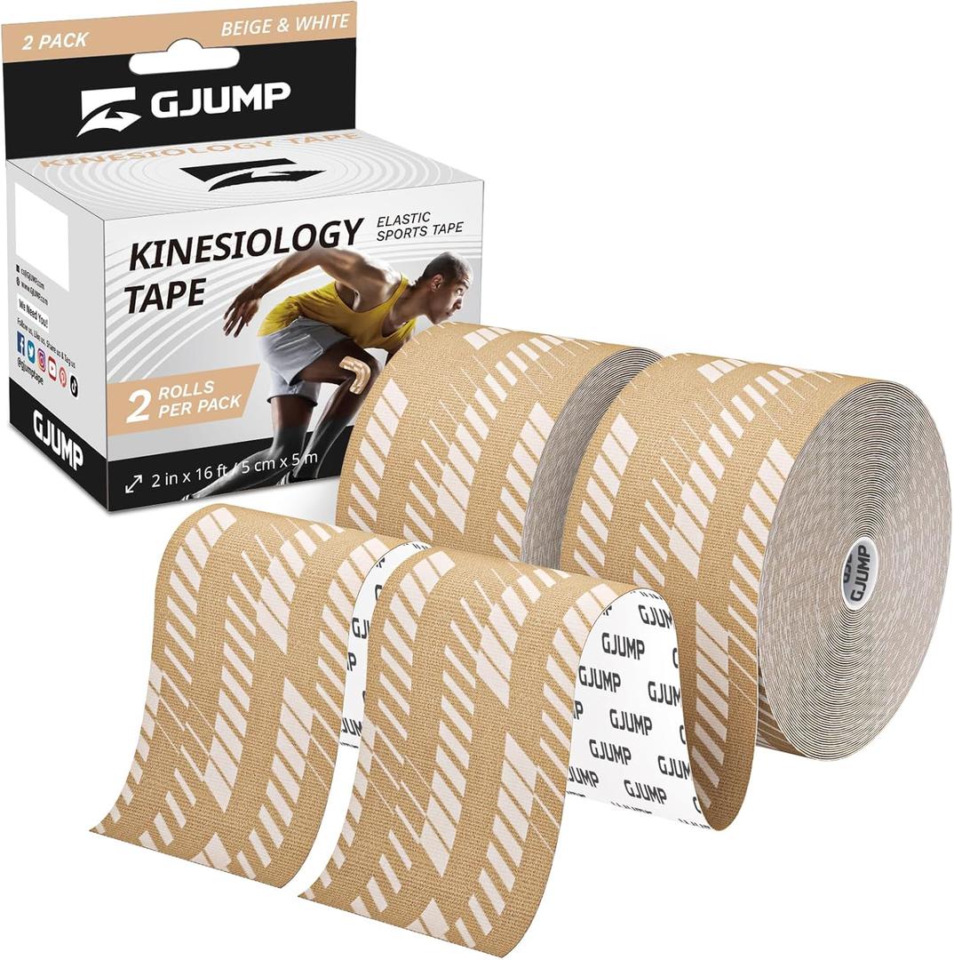 Kinesiology Tape, 2 Rolls Hypoallergenic Athletic Tape for Muscle Strain Relief & Joint Support, Waterproof & Breathable Sports Tape for Pain Relief, 2in x 16ft Uncut Roll-Stripe (Beige)