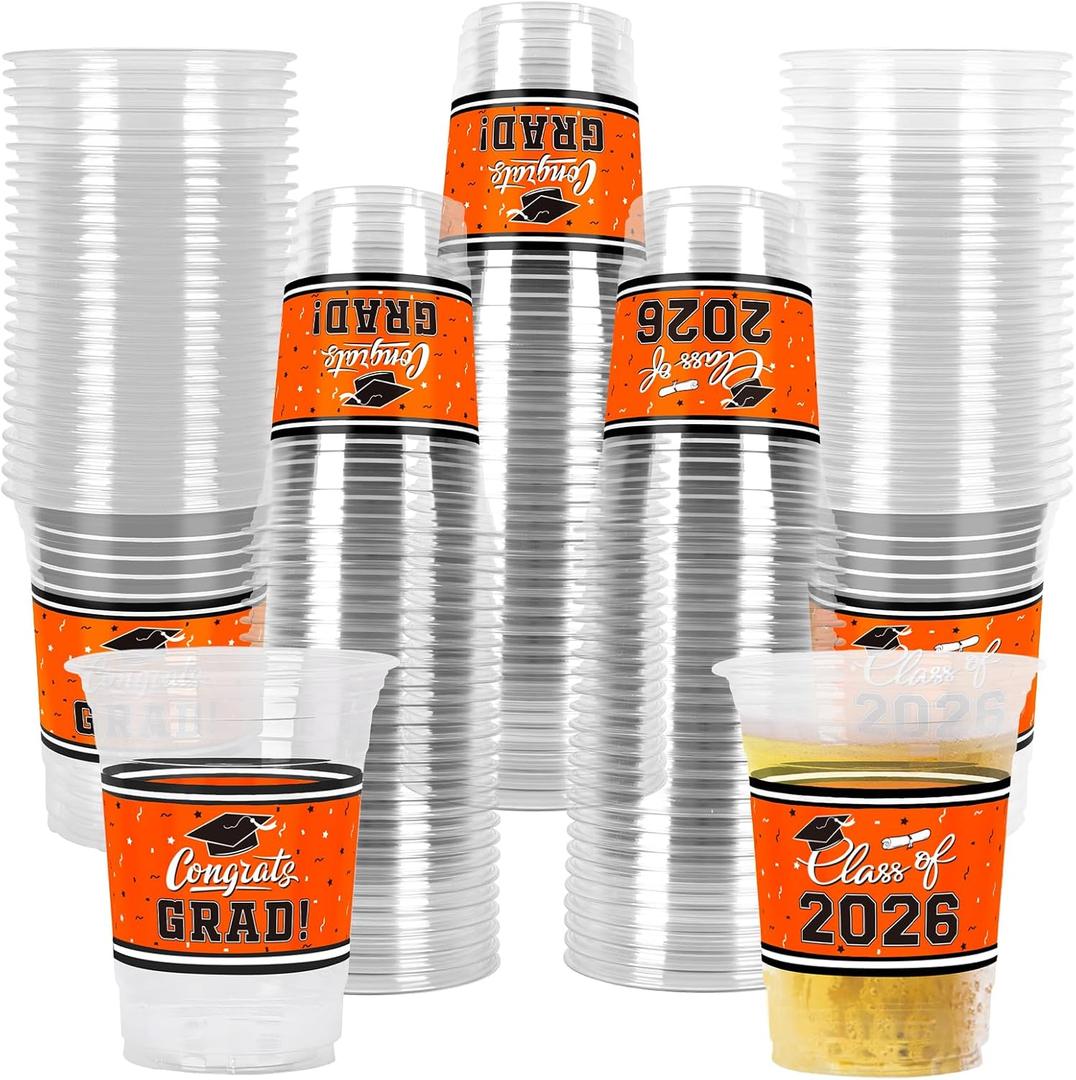 Gatherfun Class of 2026 Celebration - 100 Pcs 16oz Orange Graduation Plastic Cups for Sturdy & Durable Drinkware for Grad Festivities | Essential Graduation Party Supplies & Decorations