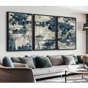 Large Abstract Canvas Wall Art - Black Float Framed Modern Wall Pictures for Living Room Vintage Blue Beige Artwork Retro Paintings Canvas Prints for Bedroom Home Office Decor 24" X 36" X 3PCS