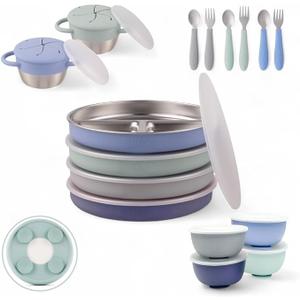 Elk and Friends Kids Stainless Steel Mealtime Bundle | Plates, Bowls, Snack Cups + Toddler Utensils | Silicone Suction Sleeves + Travel Storage Lids | For Meals + Snacks | Dishwasher Safe