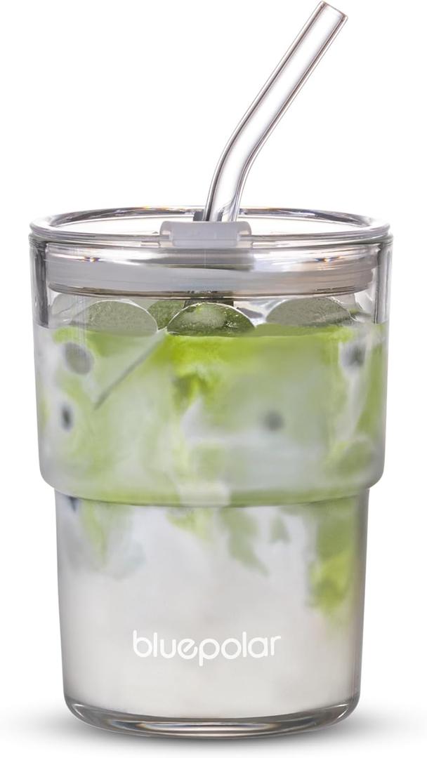 BLUEPOLAR 13oz/400ml Glass Water Tumbler with Straw and Lid Sealed Carry On Thick Wall Iced Coffee Cup Glass Cup for Water, Iced Tea Fruit Juice Etc(Aurora White
