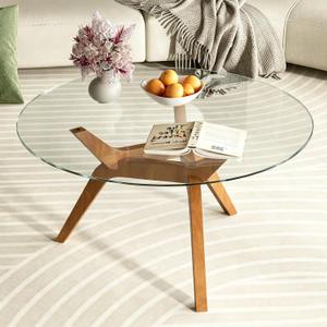 Glass Coffee Table, Small Round Coffee Tables with Solid Wood Legs, Mid Century Modern Center Table with Glass Top for Small Spaces, Living Room, 31.5x31.5x16.9