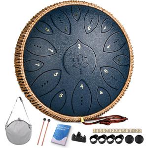 Steel Tongue Drum 13 Inches 15 Notes, Hand Pan Drums for Adults 432hz, C Major Handpan Musical Instrument with Song Book, Mallets and Carry Bag, Navy Blue