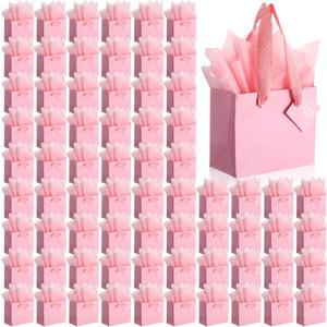 Qilery 50 Pcs Halloween Mini Paper Gift Bags Bulk with Tissue Paper Small Gift Bags with Handle and Tags for Birthday Wedding Thanksgiving Christmas Party Business(Pink,4.7 x 2.4 x 3.9'')
