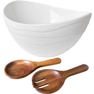 Qlans Ceramic Oval Salad Bowl Set, Comes with Wooden Salad Utensils - Large Mixing Deep Bowl, Large Capacity 116OZ