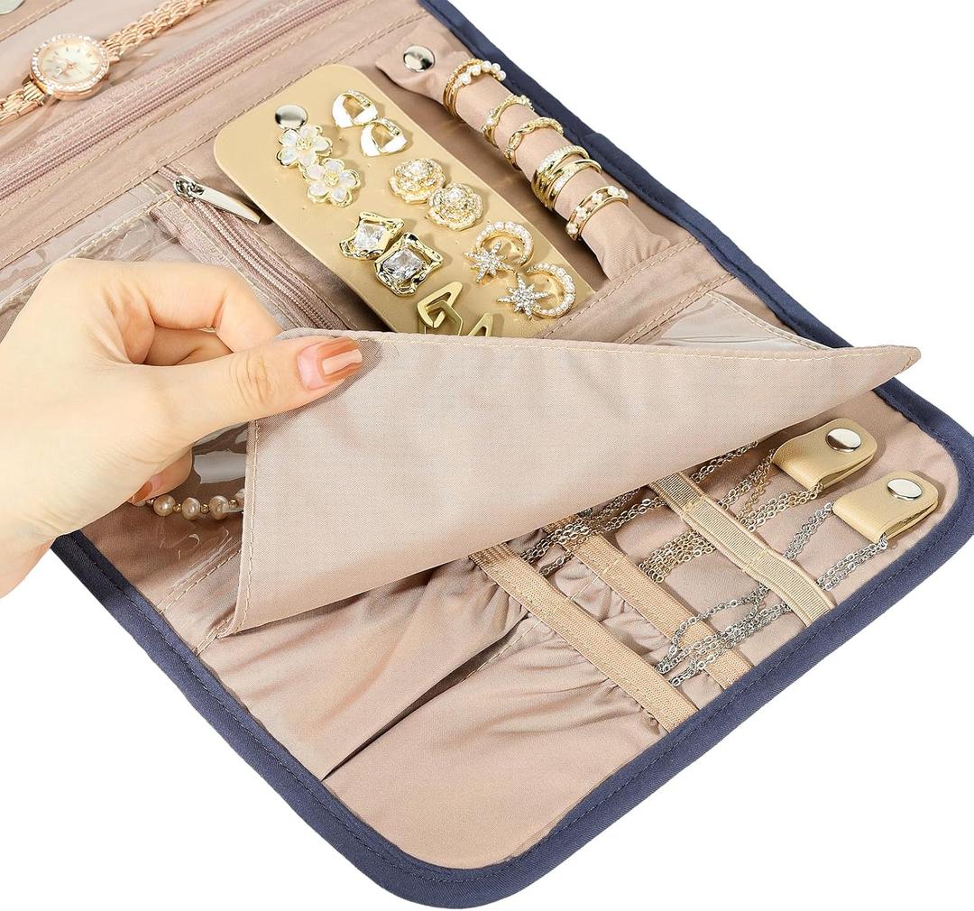Travel Jewelry Case Organizer, Foldable Storage Roll for Earrings, Necklaces, Rings, Bracelets, Brooches, Blue-Gray