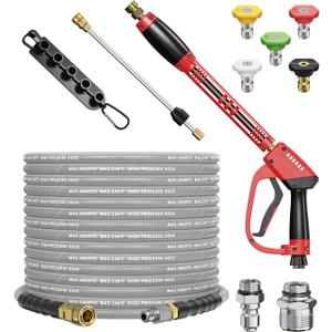 Pressure Washer Gun and Hose Kit, 4800PSI Steel-Braided & Durable - Flexible & Kink-Resistant Power Washer Hose 50 FT with 3/8" Swivel Quick Connector and M22 14mm Adapters Replacement