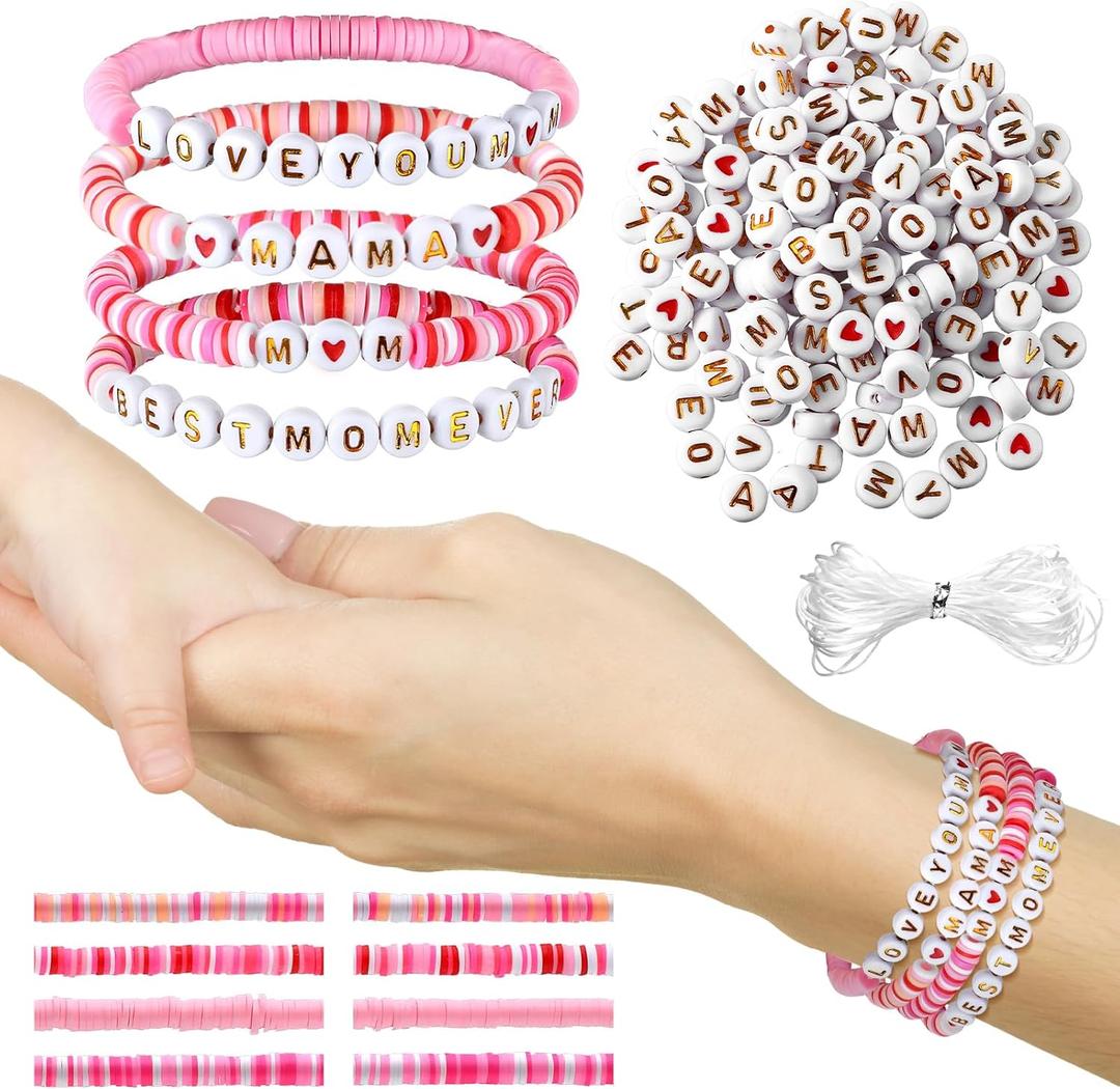 Solsew Mom Bracelet Set Gift for Mother's Day Heishi Bracelet Craft Mama Polymer Clay Beaded Stretch DIY Jewelry Kit with 2560 Pcs Clay Beads 480 Pcs Letter Beads for Women Mother Summer Beach