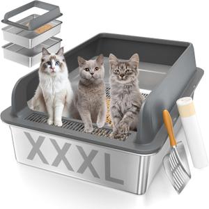 XXXL Stainless Steel Sifting Litter Box with Lid, 28'' L 20'' W Extra Large Sifting Cat Litter Box for Pine Pellets & Big Cats & Multiple Cats, Metal Pellet Sifter Litter Pan System for Odor Control