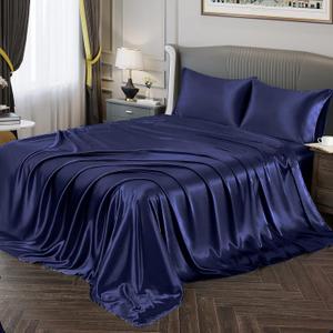 Vonty Satin Sheets Full Size Silky Soft Satin Bed Sheets Navy Blue Sheet Set, 1 Deep Pocket Fitted Sheet + 1 Flat Sheet + 2 Pillowcases