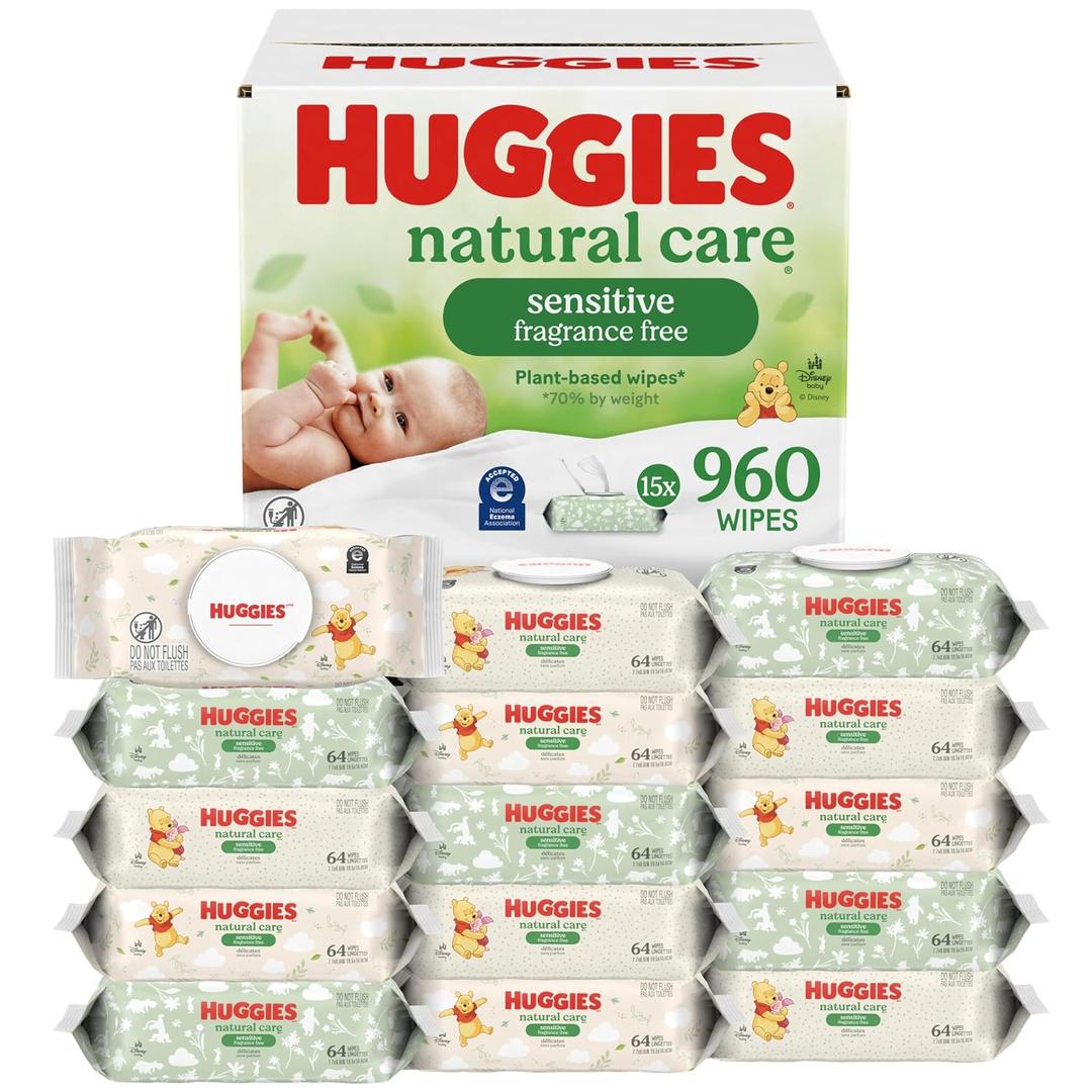 Huggies Natural Care Sensitive Baby Wipes, Unscented, 15 Packs, 960 Wipes
Fragrance Free, Gentle Clean, Hypoallergenic, Dermatologist Tested, No Harsh Irritants, 1-Handed Dispensing