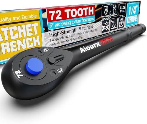 Aiourx 1/4" Drive Ratchet, 72-Tooth Ratchet Handle, 7 inch Quick Release Reversible Socket Wrench, CR-V Steel Made, Mechanical Maintenance, Bicycle Repair, DIYer