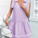 Wenrine Womens Summer V Neck Mini Dress Tie Shoulder Sleeveless Contrast Loose Casual Beach Dresses (Purple)