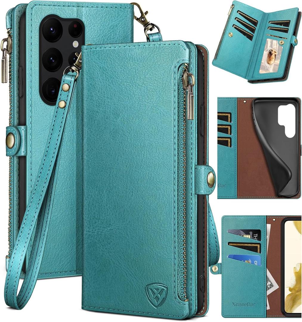 XcaseBar for Samsung Galaxy S21 Ultra Wallet case with Zipper Credit Card HolderRFID Blocking, Flip Folio Book PU Leather Phone case Shockproof Cover Women Men for Samsung S21Ultra case Blue Green