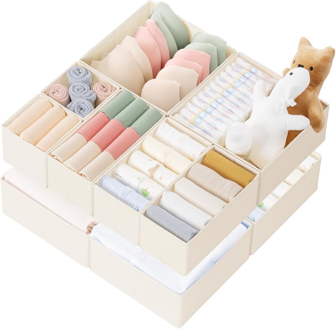 Criusia Drawer Organizer Clothes, 10 Pack Dresser Organizer for Baby Clothes, Underwear, Sock- Foldable Closet Organization and Storage Dividers Bins for Nursery, Bedroom (Beige)