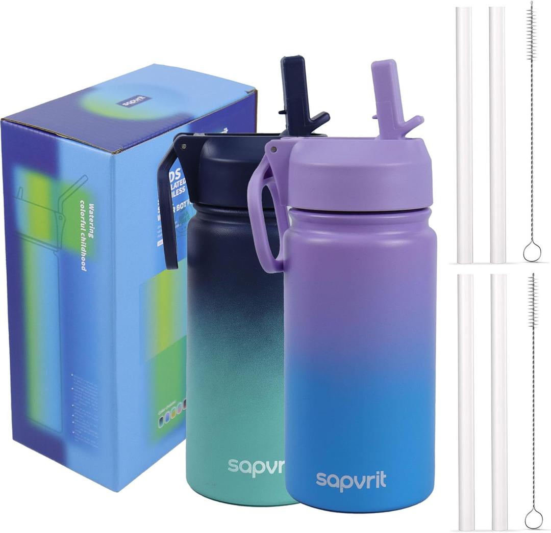 Water Bottle, 12 oz Water Bottles with Straw and Stickers, Stainless Steel Vacuum Double Wall Insulated cup,Water Bottle for School, Gifts for Girls (12OZ PURPLR BLUE+12OZ BLUE GREEN)