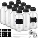 2oz Small Clear Glass Bottles with Lids, 2 Stainless Steel Funnel, 12 Labels, 1 Chalk Marker, 1 Brush - Reusable Boston Bottle for Juice, Ginger Shot, Wellness, Oils, Liquids, Leakproof Travel Bottle