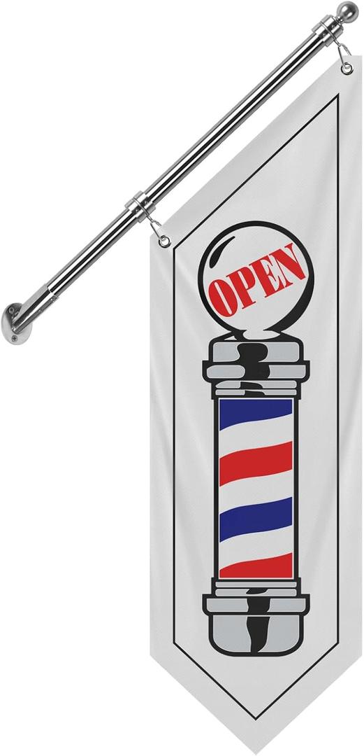 Barbershop Flag, Double-Sided Open Flag with Pole Kit & Wall Mount, Outdoor 3-Ply Thick Polyester Barber Sign for Haircut Business, 12"x42" (White-W, 27")