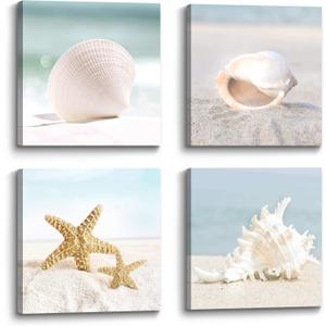 the stream design Beach Canvas Wall Art Bedroom: 4 Piece Living Room Bathroom Coastal Sea Creature Picture Modern Ocean Life Print Decor Calming Seaside Starfish Seashell Conch Painting Artwork