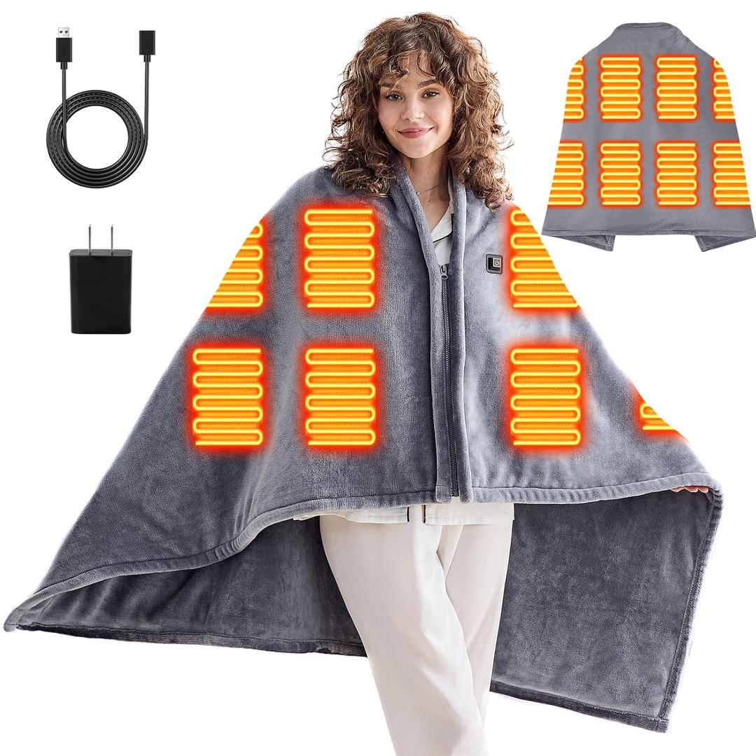USB Portable Heated Electric Blanket - Cordless Heated Throw Blanket for Outdoor with 3 Heating Levels - Wearable Shawl for Travel,Camping,Bed - Winter Gifts for Women, Grey (Battery Not Included)