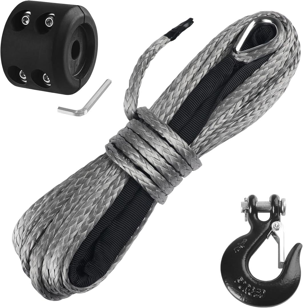 Ucreative 3/16 Inch x 50 Feet Synthetic Winch Rope 8,350LBs Line Cable with Hook and Stopper for ATV UTV (Gray)