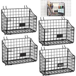 4 Pcs Peg Board Bins and Baskets Peg Board Organizer Pegboard Accessories Pegboard Baskets for Workshop Organization Craft Room Laundry Garage Metal Wire Organizer for Various Tools (Large)