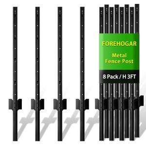 FOREHOGAR Metal Fence Post 3 Feet Black, Pack of 8, T Posts for Wire Fence, No Dig Steel U Posts Fencing for Lawn Garden Wire Mesh Fence Poles Sign Outdoor Light Duty