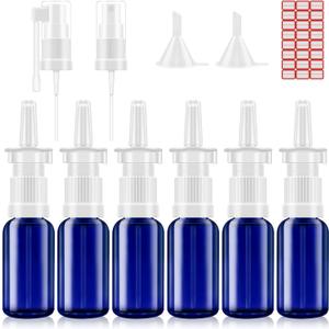 FZENeast Nasal Spray Bottle, 6 Pcs 30ML/1oz Glass Refillable Continuous Fine Mister Spray Bottles, Small Empty Nasal Sprayer with Different Sprayers, Funnels, Travel Clips and Labels(Blue)