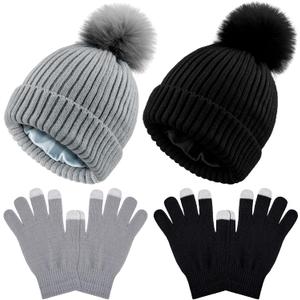 4 Pieces Womens Winter Satin Lined Knit Pom Beanie Hats Touchscreen Gloves Set (Black and Gray,Cute Style)